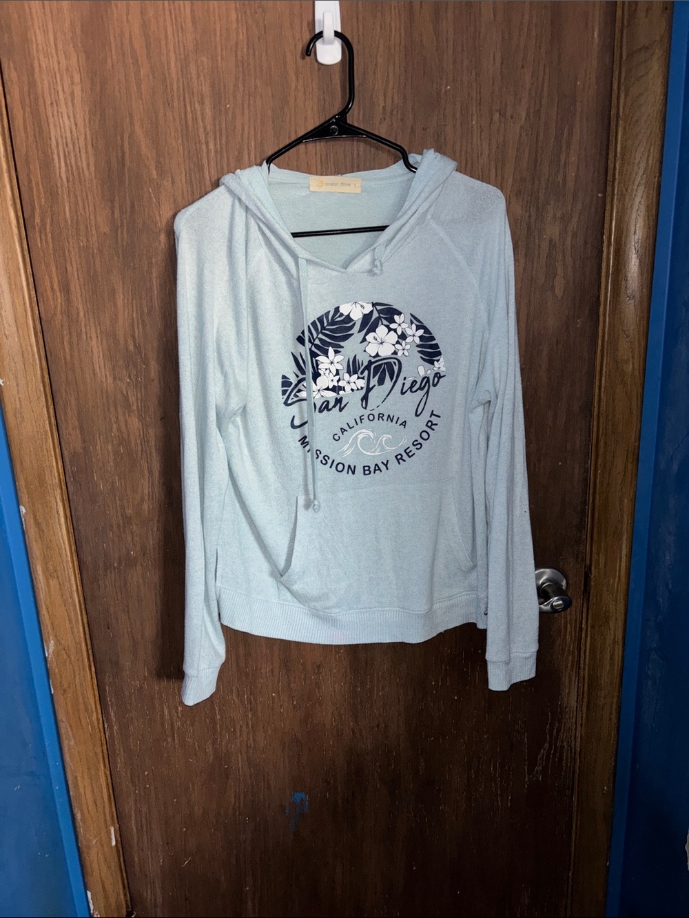 Ocean Drive Light Blue Pullover Hoodie with Navy Graphic